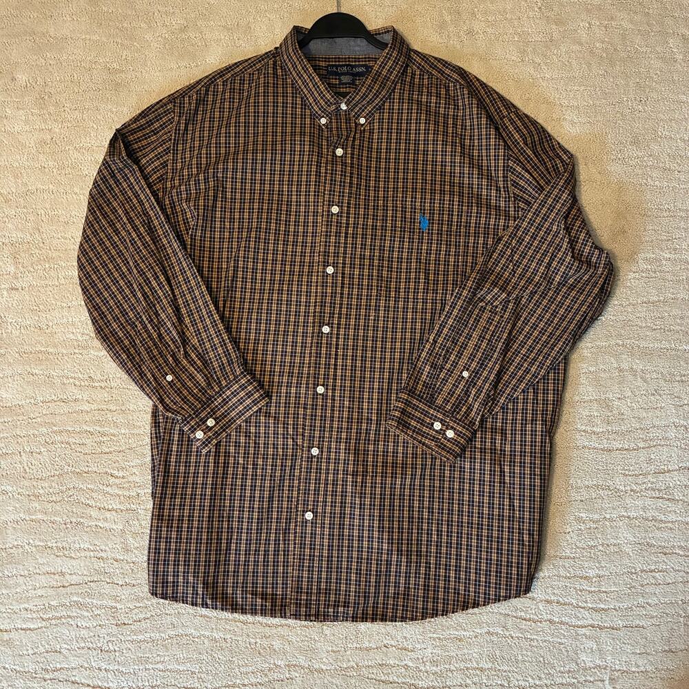 U.S. Polo Assn. Men 3XL Brown Plaid Button Down Business Casual Preppy Old Money